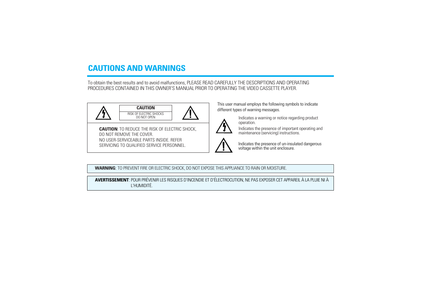 Cautions and warnings | Audiovox AVP7280 User Manual | Page 2 / 30