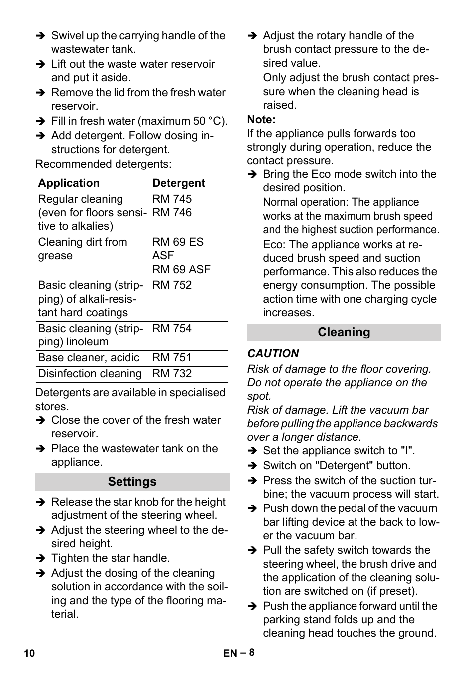 Settings, Cleaning | Karcher BR 35-12 Bp User Manual | Page 10 / 56