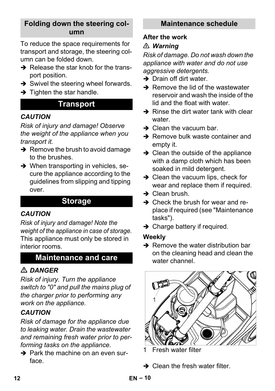 Folding down the steering column, Transport, Storage | Maintenance and care, Maintenance schedule, After the work, Weekly, Transport storage maintenance and care | Karcher BR 35-12 Bp User Manual | Page 12 / 56