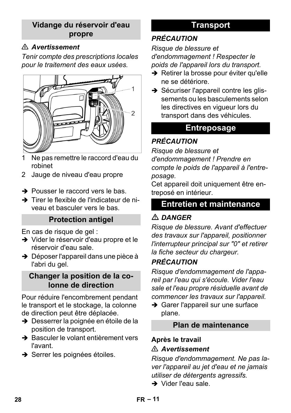 Vidange du réservoir d'eau propre, Protection antigel, Changer la position de la colonne de direction | Transport, Entreposage, Entretien et maintenance, Plan de maintenance, Après le travail, Transport entreposage entretien et maintenance | Karcher BR 35-12 Bp User Manual | Page 28 / 56