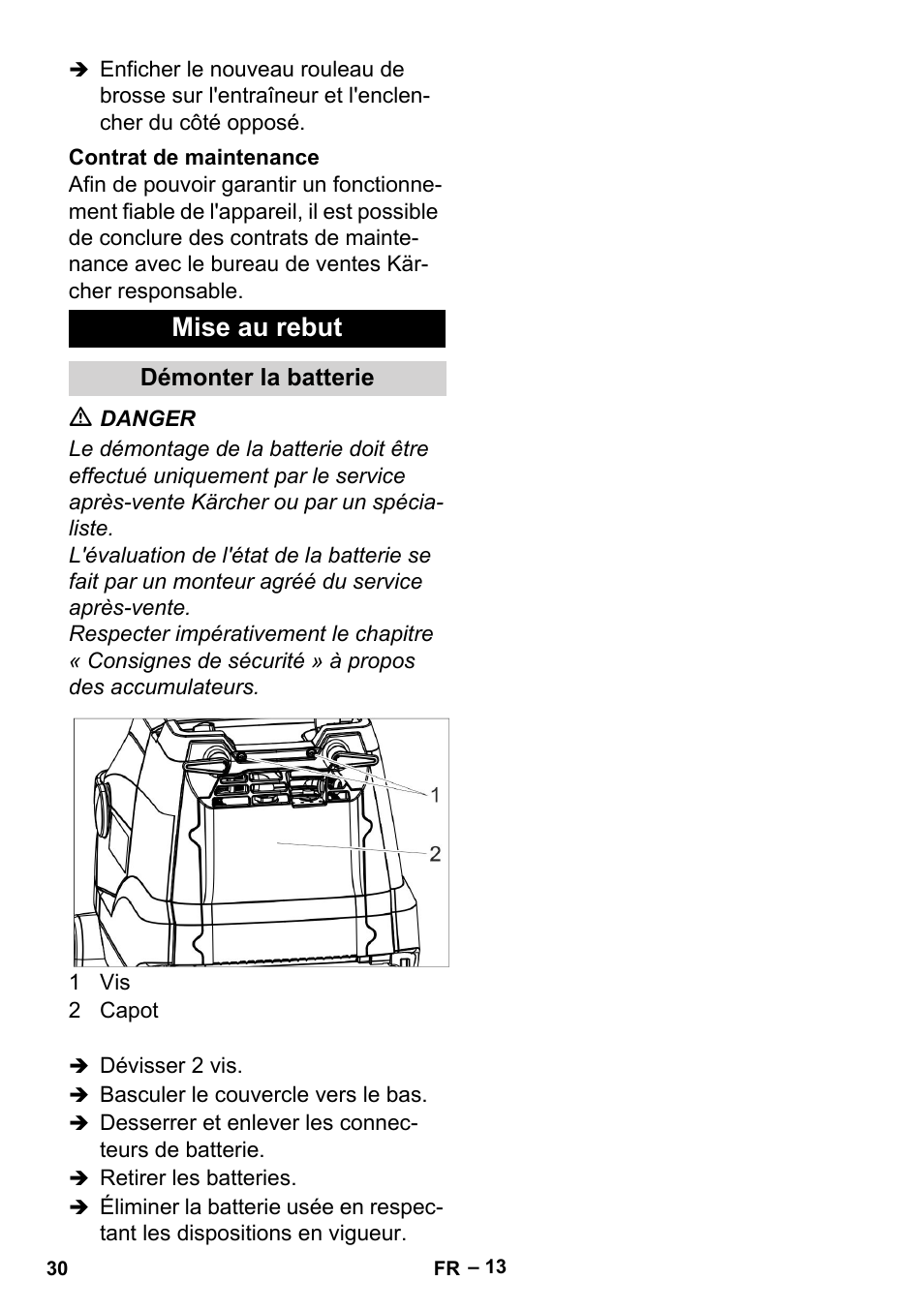 Contrat de maintenance, Mise au rebut, Démonter la batterie | Karcher BR 35-12 Bp User Manual | Page 30 / 56