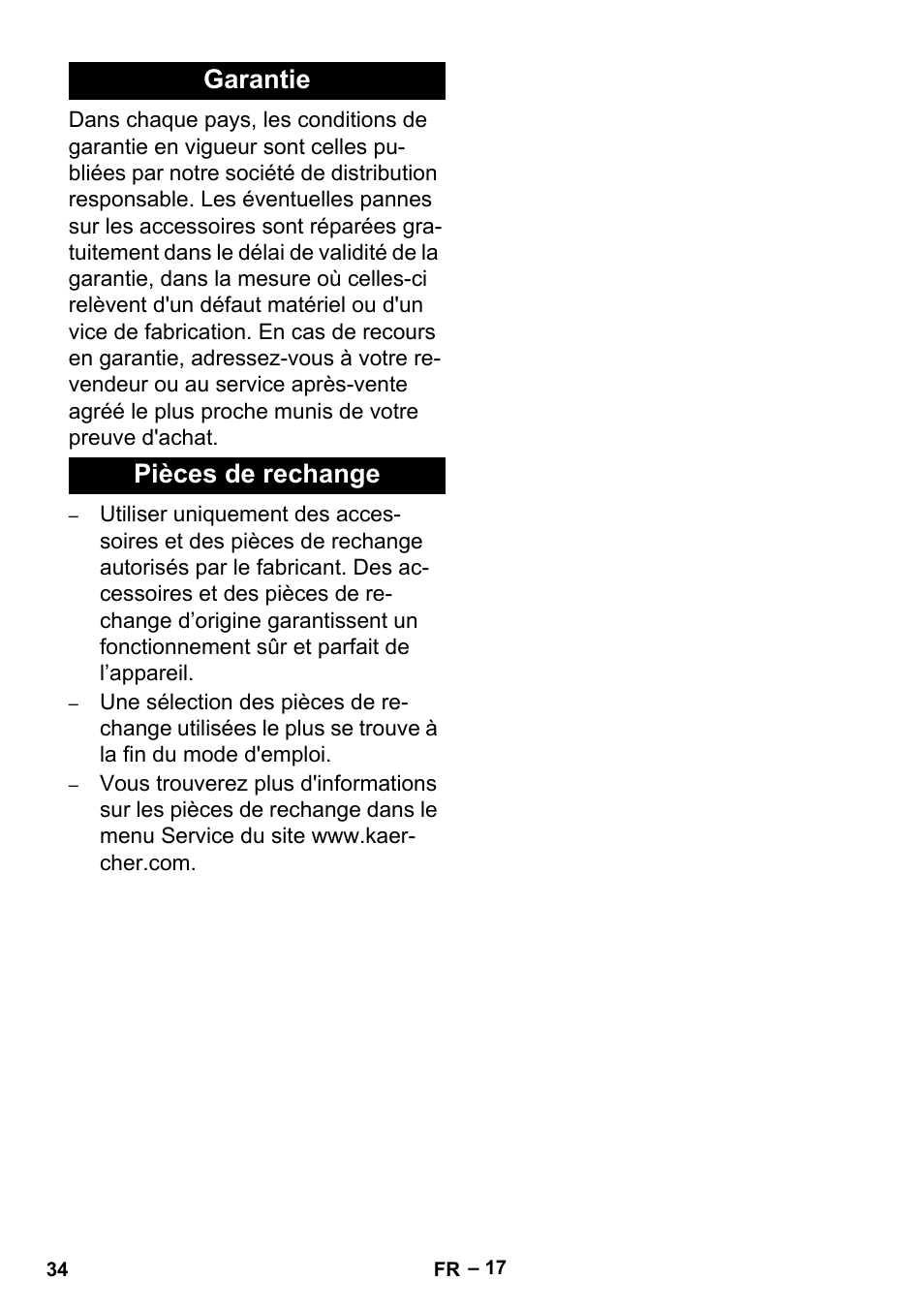 Garantie, Pièces de rechange, Garantie pièces de rechange | Karcher BR 35-12 Bp User Manual | Page 34 / 56