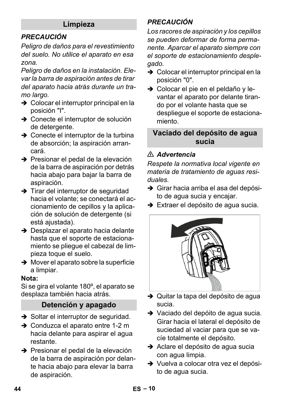 Limpieza, Detención y apagado, Vaciado del depósito de agua sucia | Karcher BR 35-12 Bp User Manual | Page 44 / 56