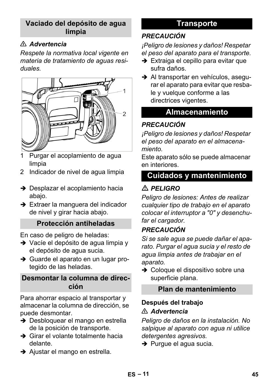 Vaciado del depósito de agua limpia, Protección antiheladas, Desmontar la columna de dirección | Transporte, Almacenamiento, Cuidados y mantenimiento, Plan de mantenimiento, Después del trabajo, Transporte almacenamiento cuidados y mantenimiento | Karcher BR 35-12 Bp User Manual | Page 45 / 56