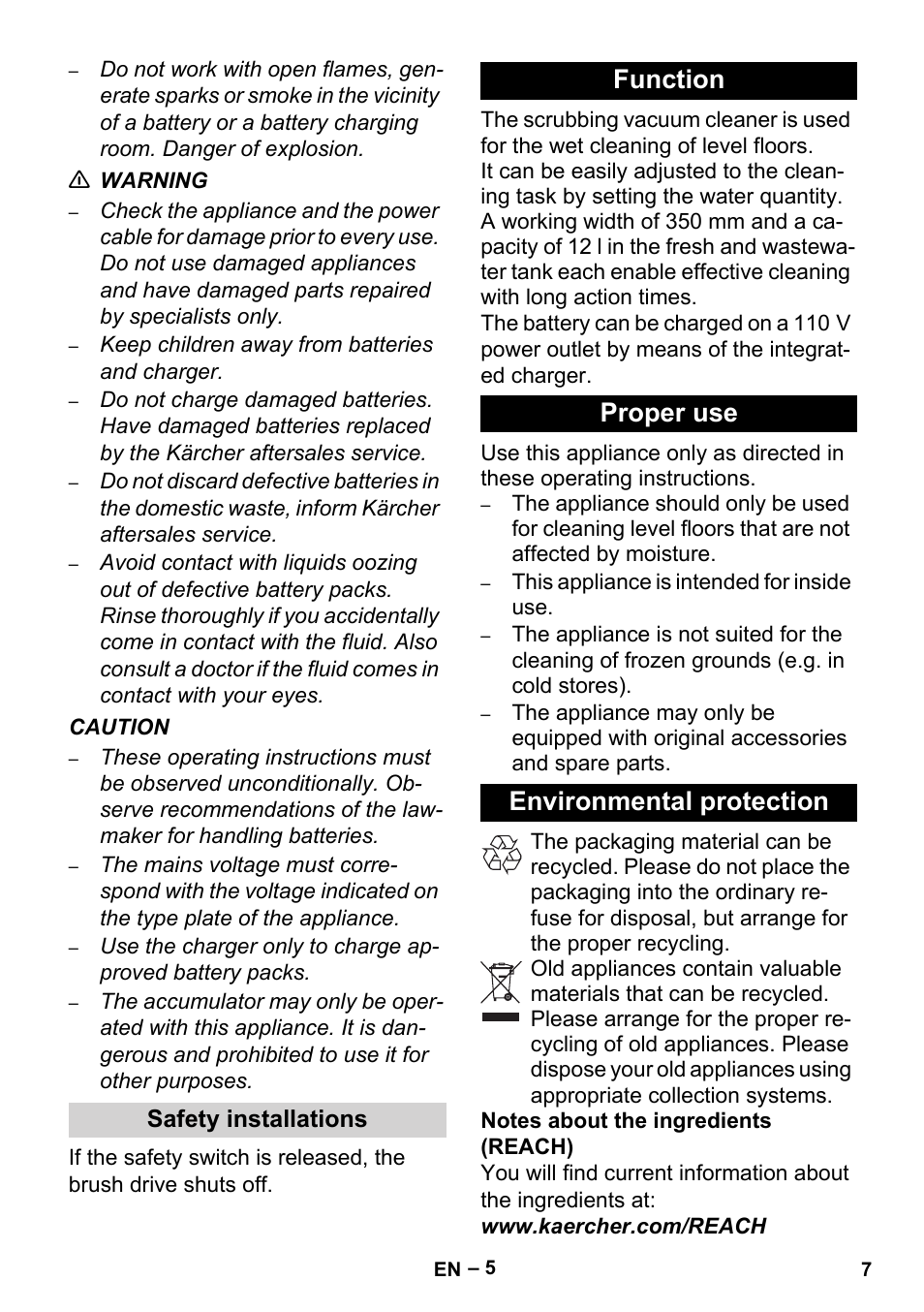 Safety installations, Function, Proper use | Environmental protection, Function proper use environmental protection | Karcher BR 35-12 Bp User Manual | Page 7 / 56