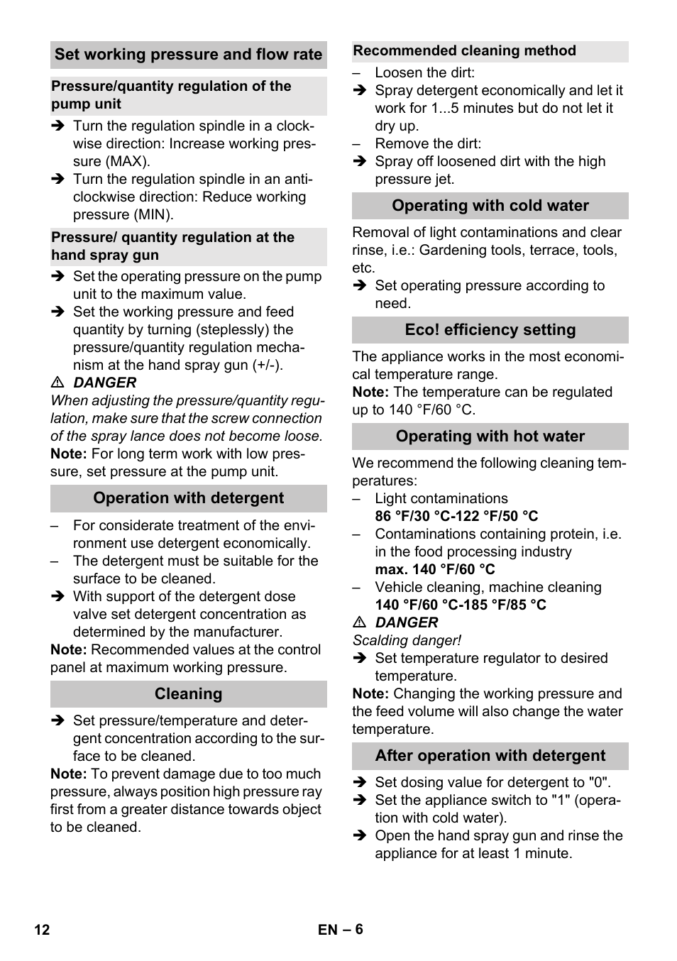 Set working pressure and flow rate, Pressure/quantity regulation of the pump unit, Operation with detergent | Cleaning, Recommended cleaning method, Operating with cold water, Eco! efficiency setting, Operating with hot water, After operation with detergent | Karcher HDS-E 3-3-25-4M Ec User Manual | Page 12 / 52