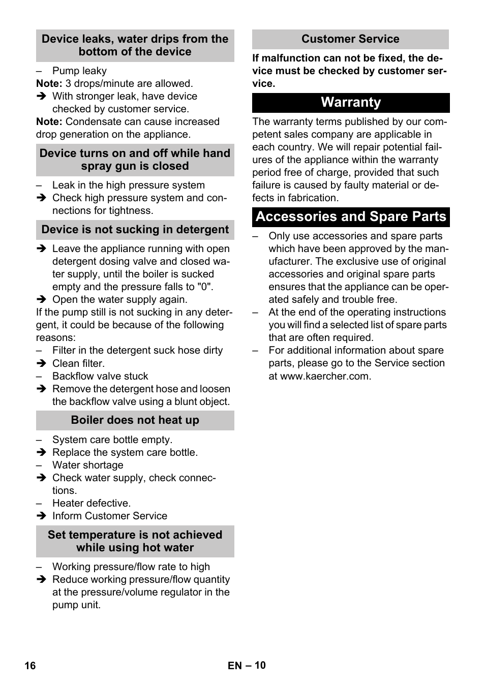 Device is not sucking in detergent, Boiler does not heat up, Customer service | Warranty, Accessories and spare parts, Warranty accessories and spare parts | Karcher HDS-E 3-3-25-4M Ec User Manual | Page 16 / 52