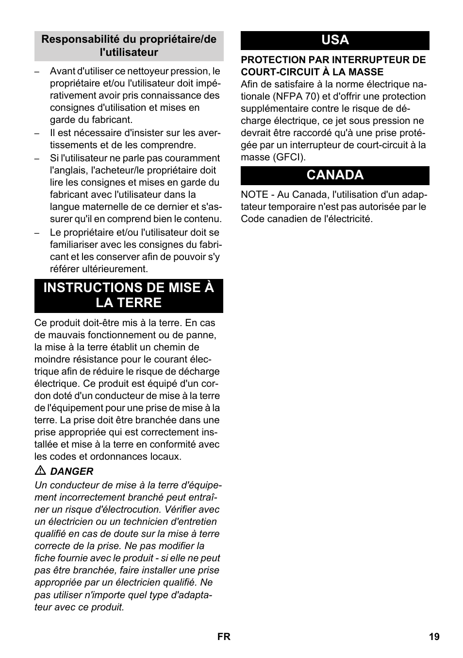Instructions de mise à la terre usa canada | Karcher HDS-E 3-3-25-4M Ec User Manual | Page 19 / 52