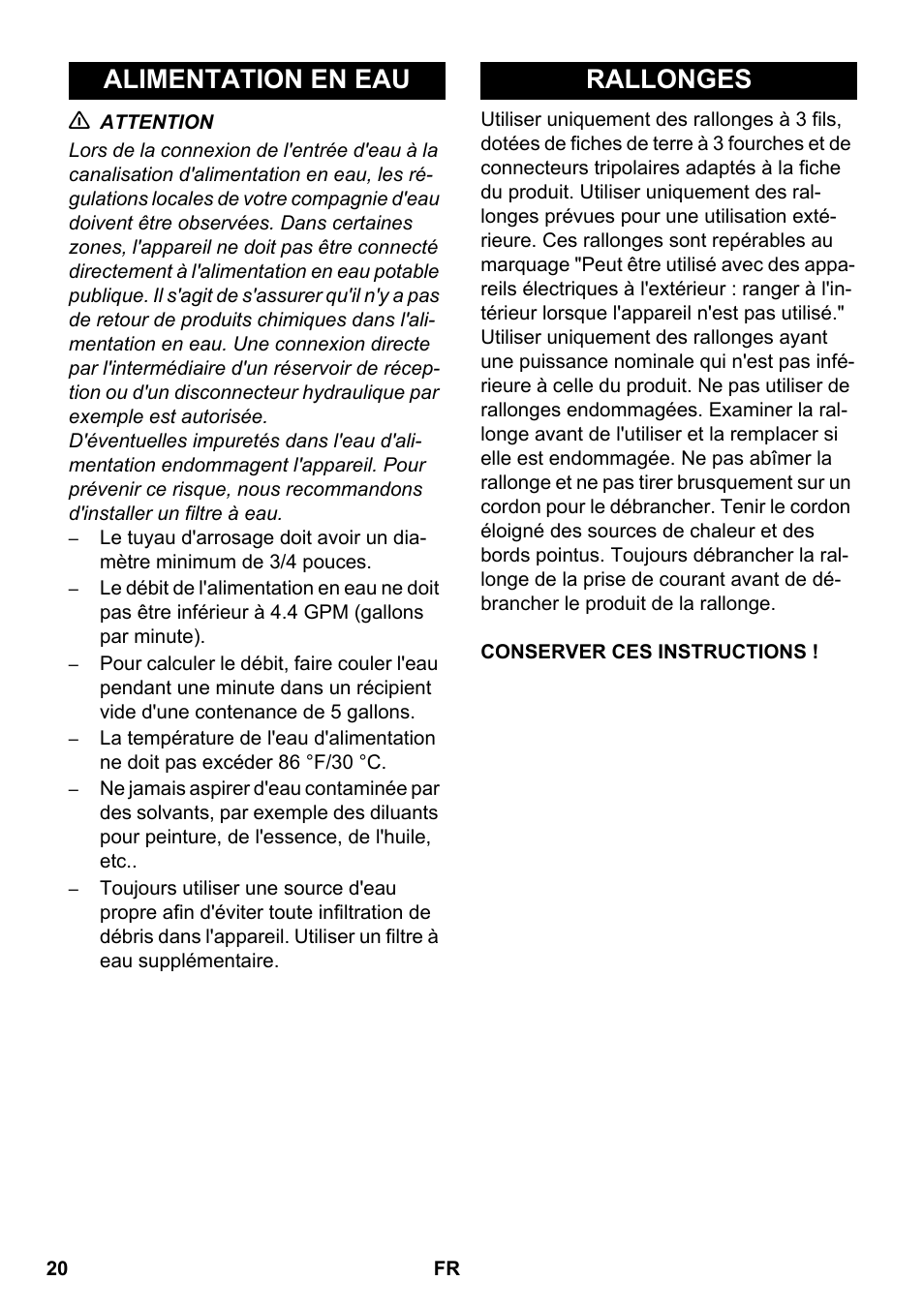 Alimentation en eau rallonges | Karcher HDS-E 3-3-25-4M Ec User Manual | Page 20 / 52