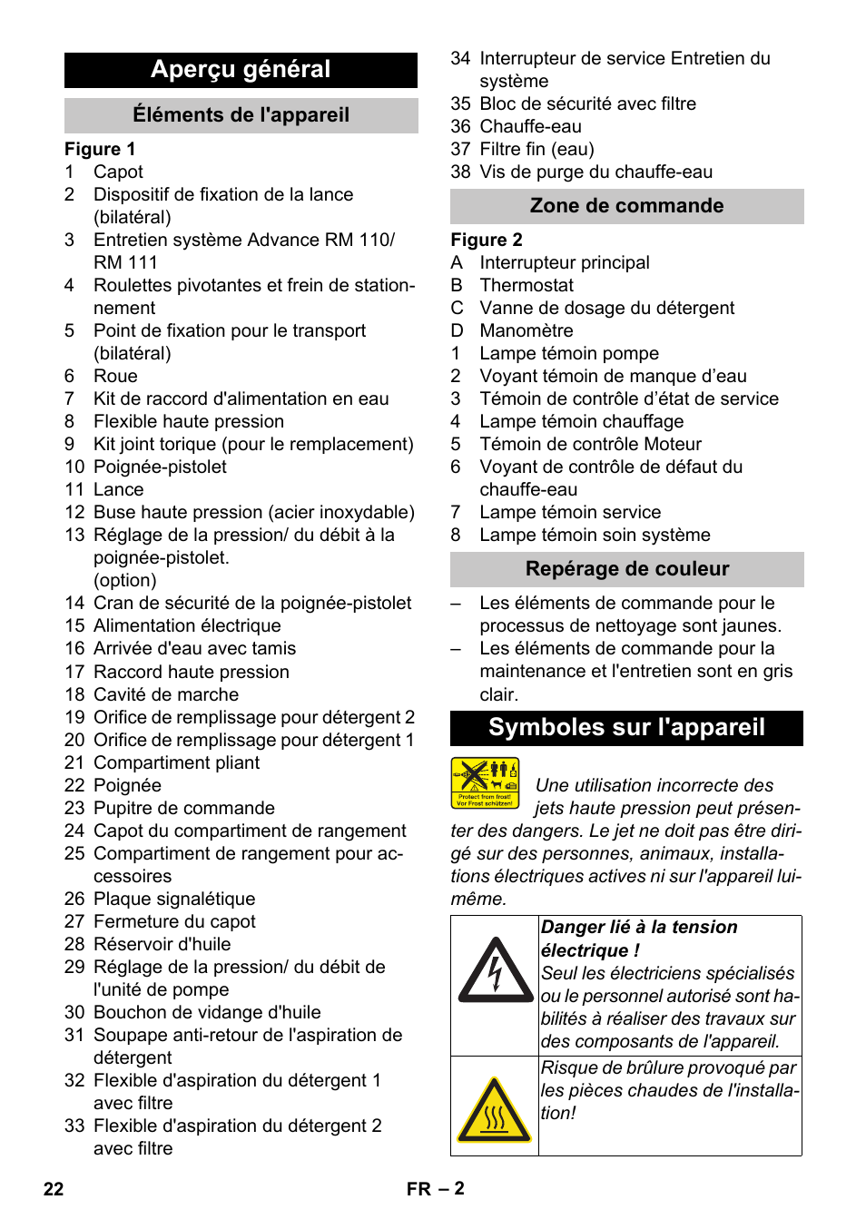 Aperçu général, Éléments de l'appareil, Zone de commande | Repérage de couleur, Symboles sur l'appareil | Karcher HDS-E 3-3-25-4M Ec User Manual | Page 22 / 52