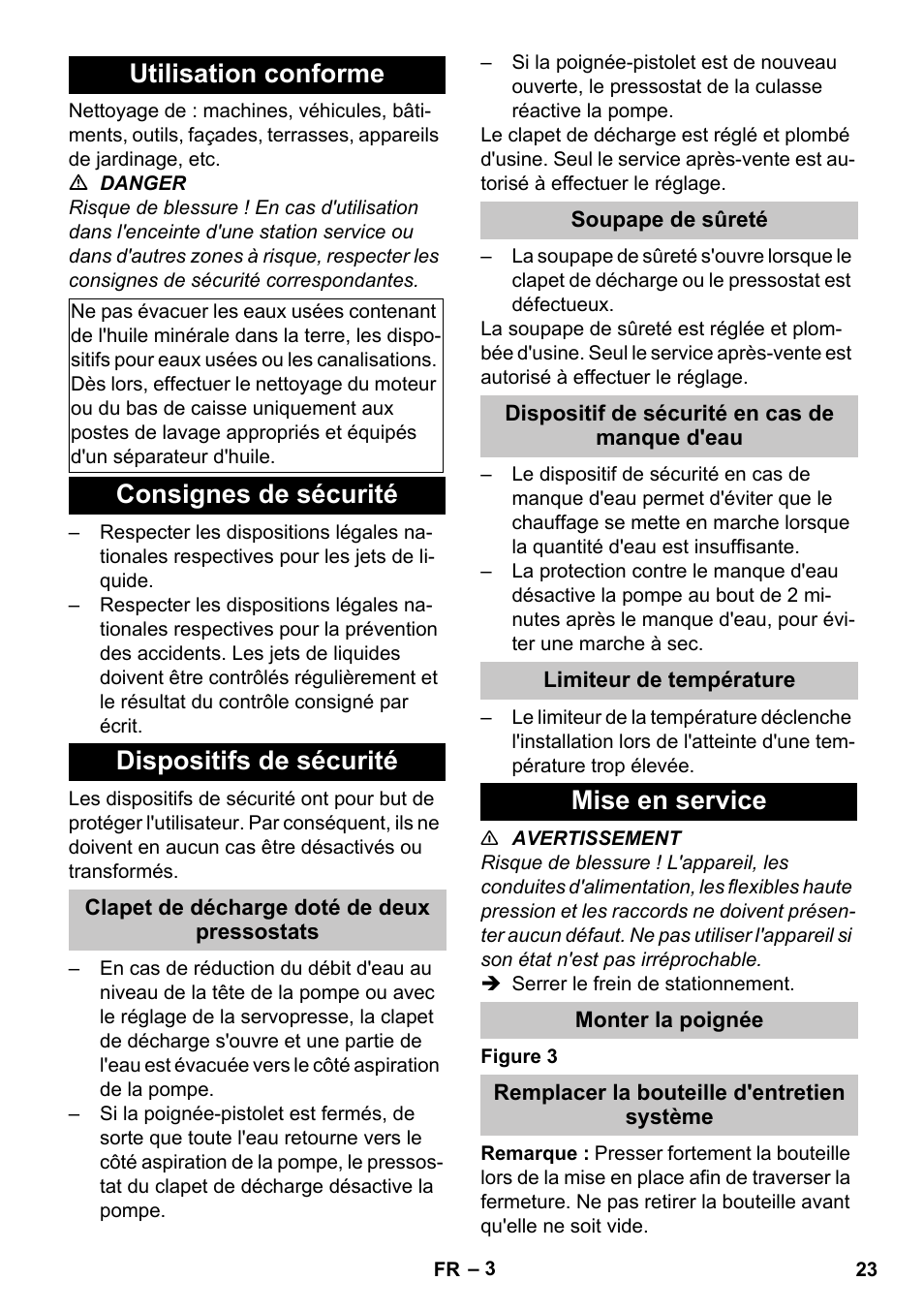 Utilisation conforme, Consignes de sécurité, Dispositifs de sécurité | Clapet de décharge doté de deux pressostats, Soupape de sûreté, Dispositif de sécurité en cas de manque d'eau, Limiteur de température, Mise en service, Monter la poignée, Remplacer la bouteille d'entretien système | Karcher HDS-E 3-3-25-4M Ec User Manual | Page 23 / 52