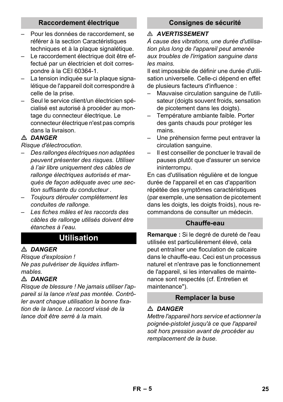 Raccordement électrique, Utilisation, Consignes de sécurité | Chauffe-eau, Remplacer la buse | Karcher HDS-E 3-3-25-4M Ec User Manual | Page 25 / 52