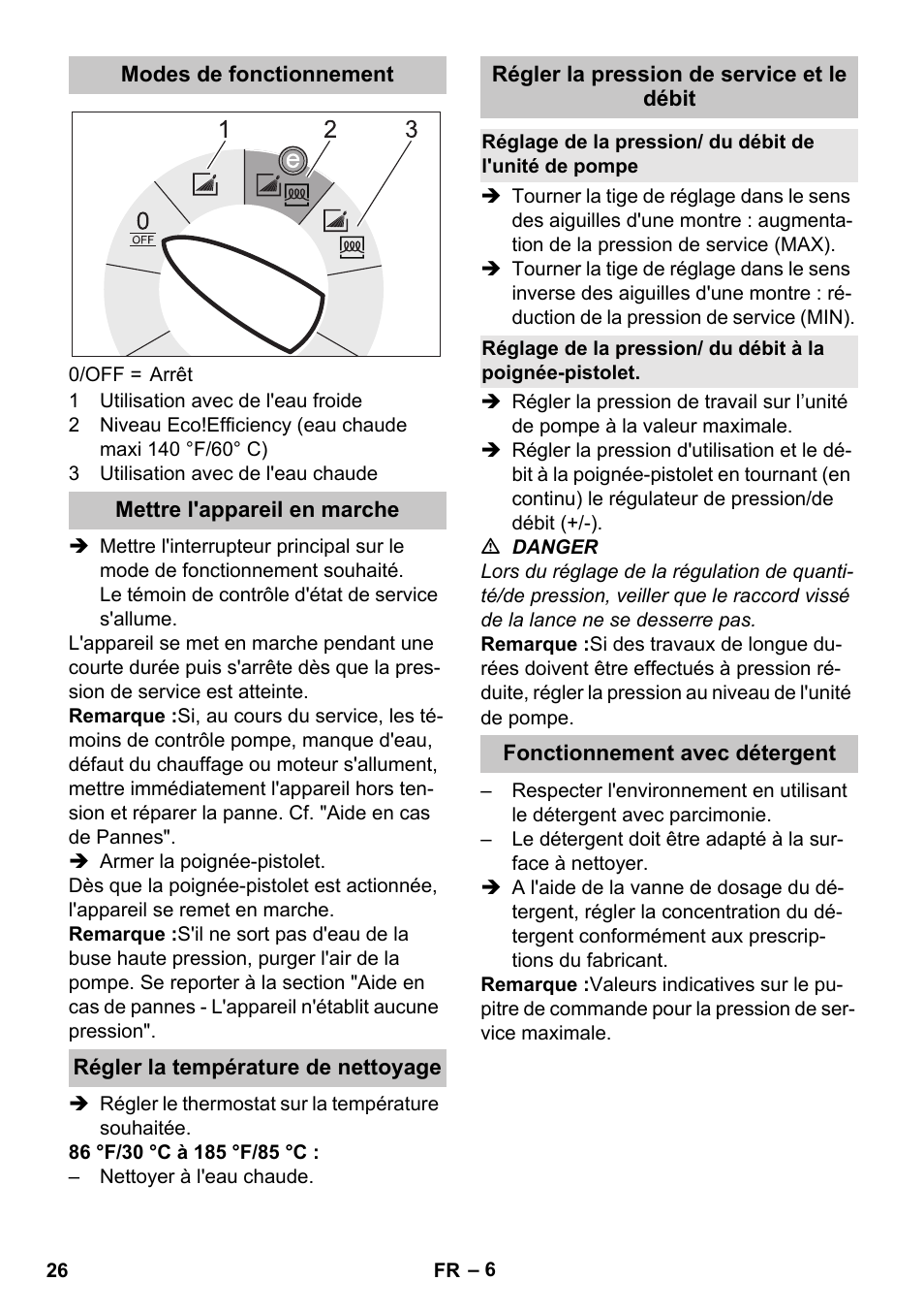 Modes de fonctionnement, Mettre l'appareil en marche, Régler la température de nettoyage | Régler la pression de service et le débit, Fonctionnement avec détergent | Karcher HDS-E 3-3-25-4M Ec User Manual | Page 26 / 52