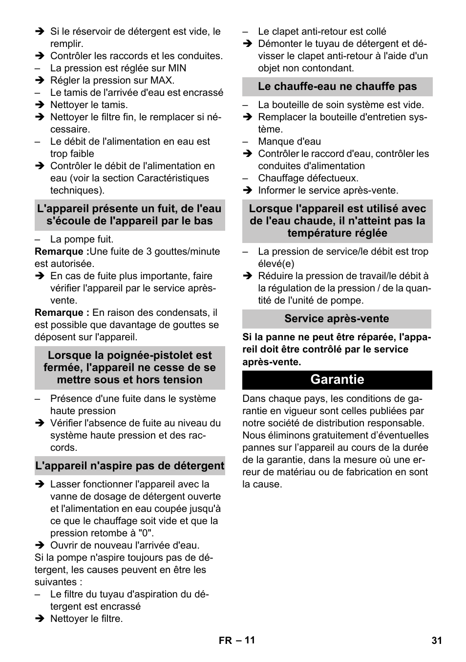 L'appareil n'aspire pas de détergent, Le chauffe-eau ne chauffe pas, Service après-vente | Garantie | Karcher HDS-E 3-3-25-4M Ec User Manual | Page 31 / 52