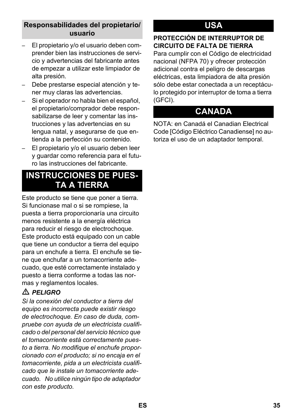 Instrucciones de pues- ta a tierra usa canada | Karcher HDS-E 3-3-25-4M Ec User Manual | Page 35 / 52
