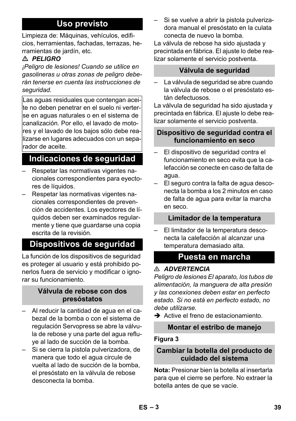 Uso previsto, Indicaciones de seguridad, Dispositivos de seguridad | Válvula de rebose con dos presóstatos, Válvula de seguridad, Limitador de la temperatura, Puesta en marcha, Montar el estribo de manejo | Karcher HDS-E 3-3-25-4M Ec User Manual | Page 39 / 52