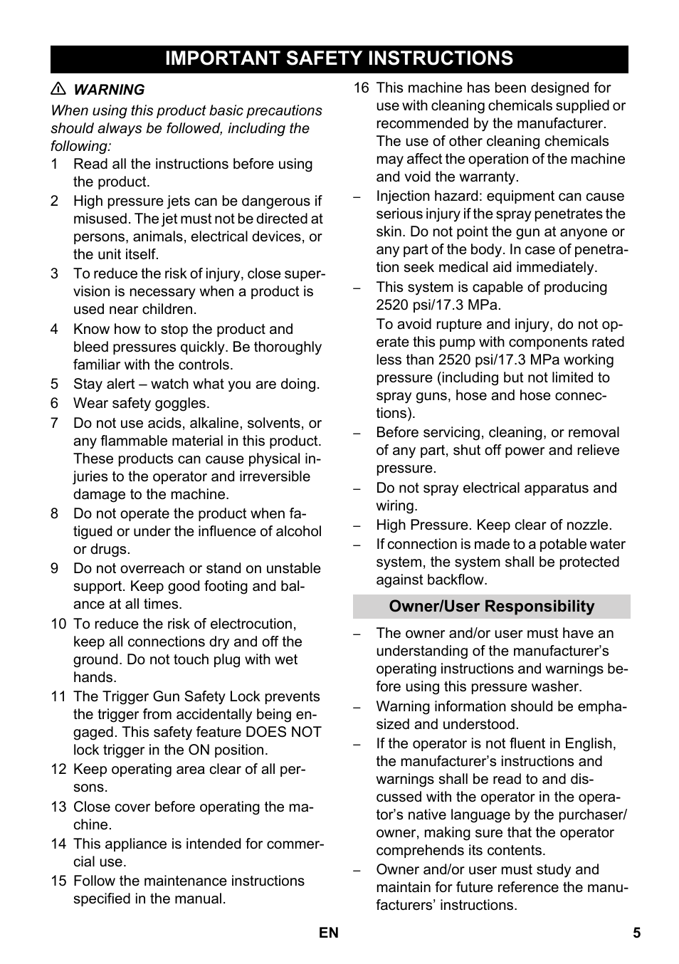 English, Important safety instructions | Karcher HDS-E 3-3-25-4M Ec User Manual | Page 5 / 52