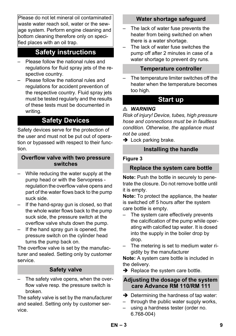 Safety instructions, Safety devices, Overflow valve with two pressure switches | Safety valve, Water shortage safeguard, Temperature controller, Start up, Installing the handle, Replace the system care bottle, Safety instructions safety devices | Karcher HDS-E 3-3-25-4M Ec User Manual | Page 9 / 52