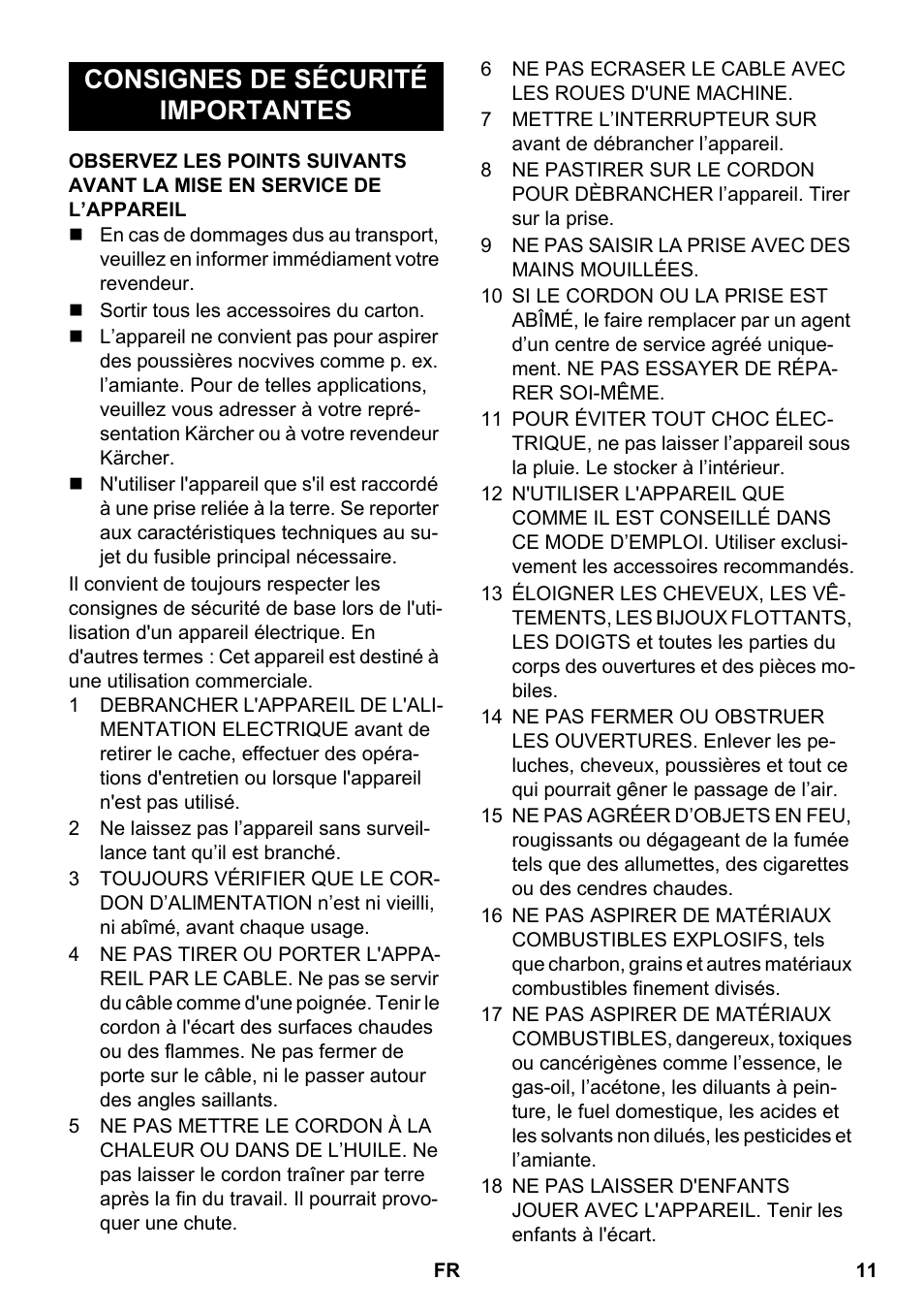 Français, Consignes de sécurité importantes | Karcher PUZZI 8-1 C User Manual | Page 11 / 32