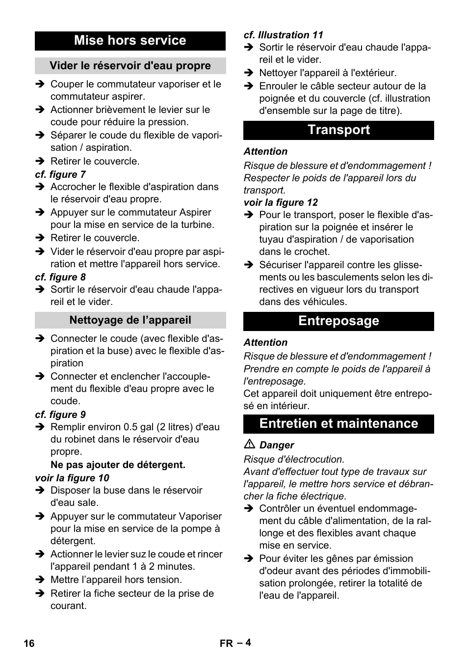 Mise hors service, Transport entreposage entretien et maintenance | Karcher PUZZI 8-1 C User Manual | Page 16 / 32