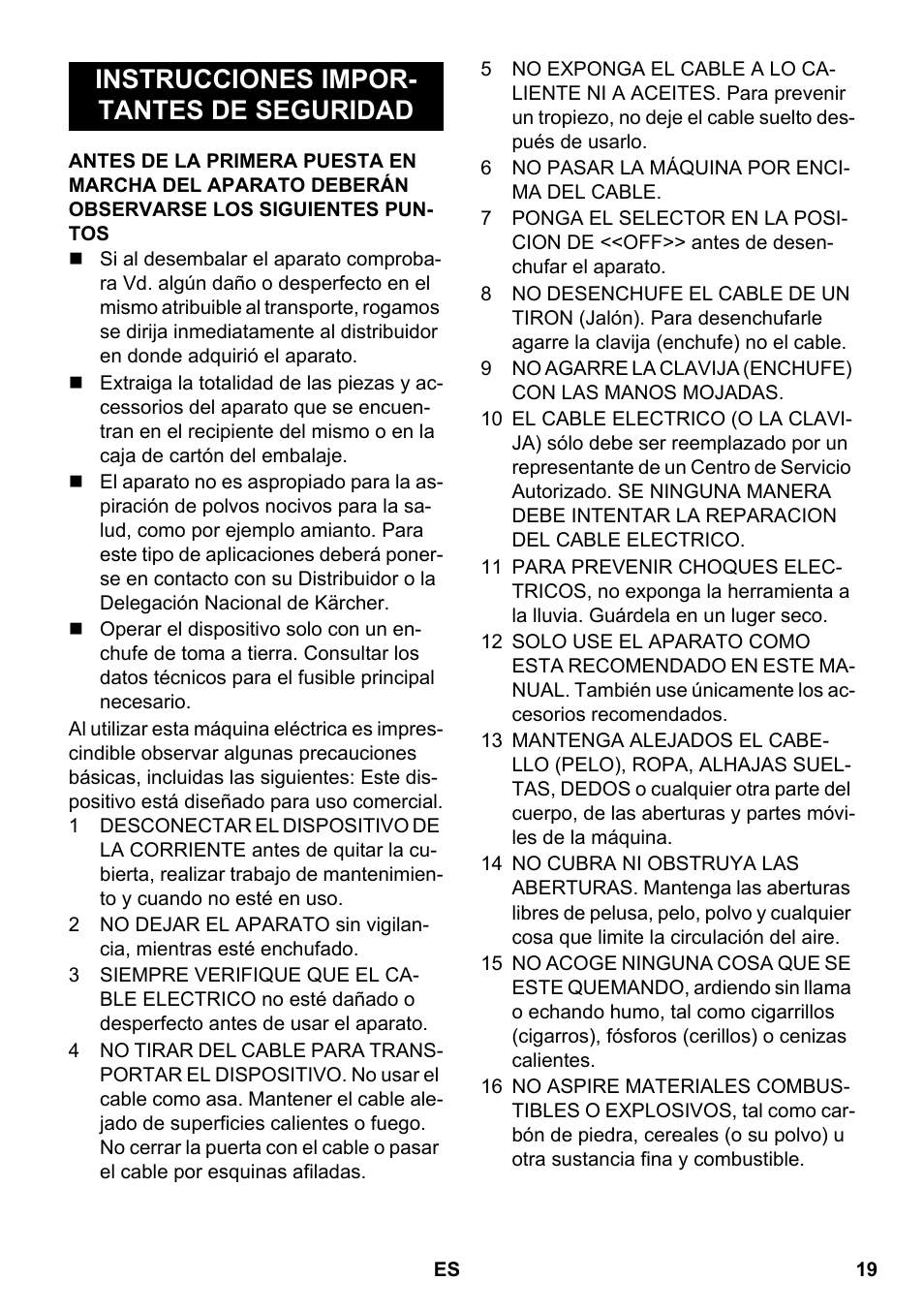 Español, Instrucciones impor- tantes de seguridad | Karcher PUZZI 8-1 C User Manual | Page 19 / 32