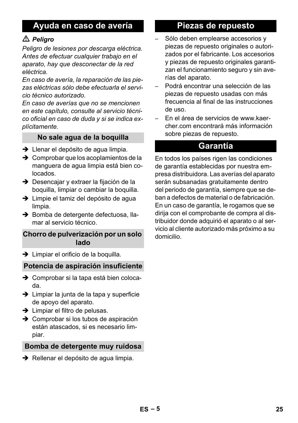 Ayuda en caso de avería, Piezas de repuesto garantía | Karcher PUZZI 8-1 C User Manual | Page 25 / 32