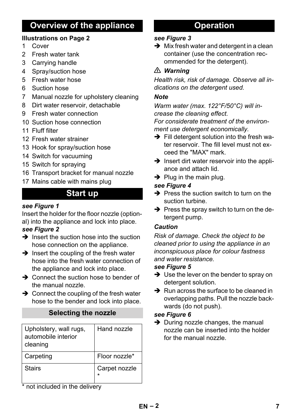 Overview of the appliance start up, Operation | Karcher PUZZI 8-1 C User Manual | Page 7 / 32