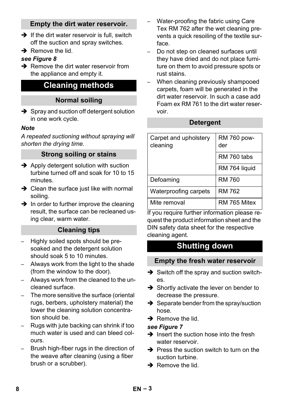 Cleaning methods, Shutting down | Karcher PUZZI 8-1 C User Manual | Page 8 / 32