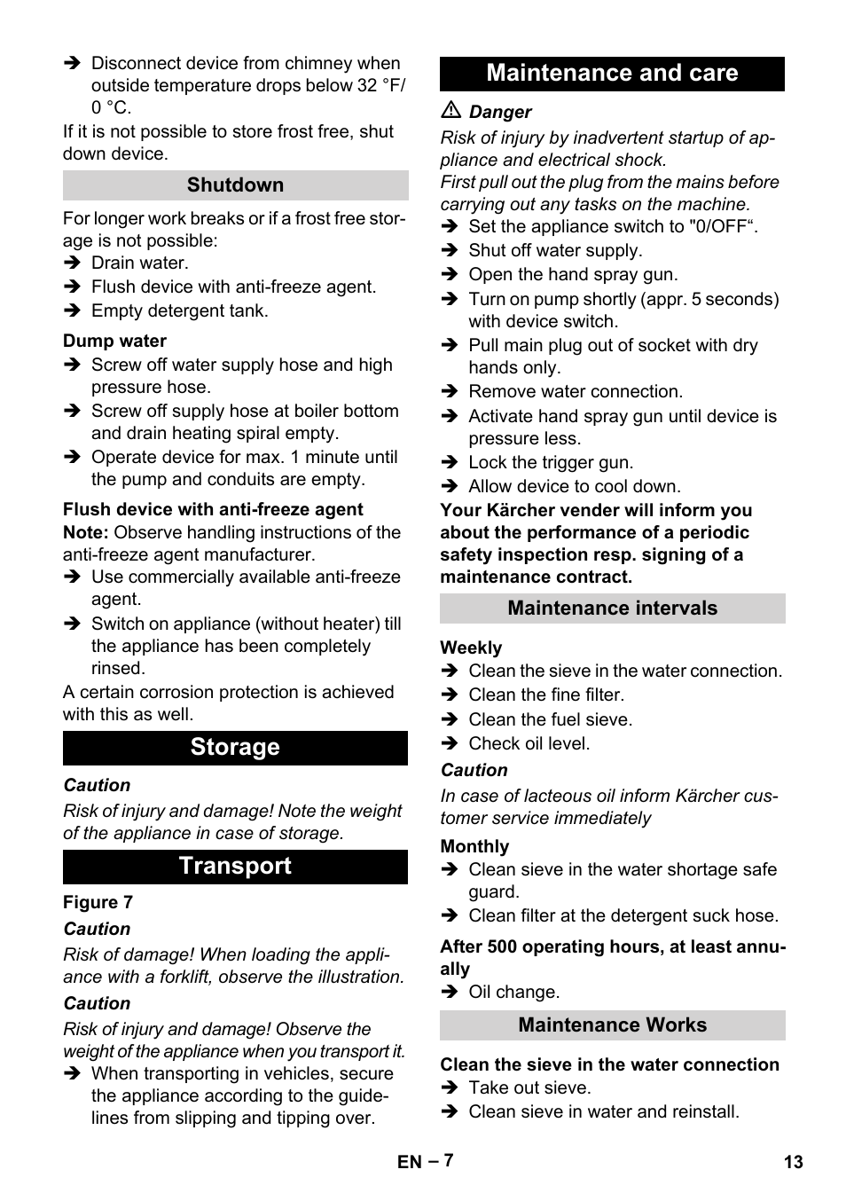 Storage transport maintenance and care | Karcher HDS 2-3-12 C Ed User Manual | Page 13 / 48