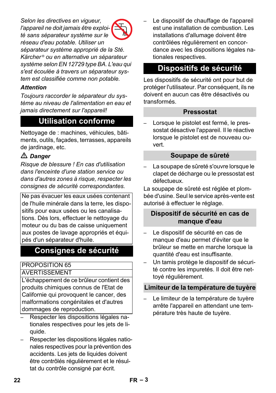 Utilisation conforme, Consignes de sécurité, Dispositifs de sécurité | Karcher HDS 2-3-12 C Ed User Manual | Page 22 / 48