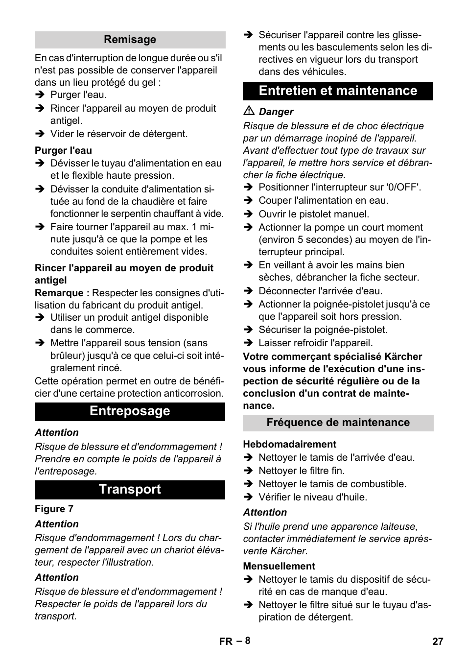 Entreposage transport entretien et maintenance | Karcher HDS 2-3-12 C Ed User Manual | Page 27 / 48