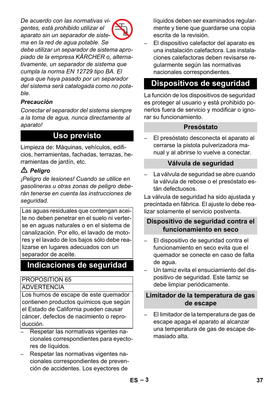 Uso previsto, Indicaciones de seguridad, Dispositivos de seguridad | Karcher HDS 2-3-12 C Ed User Manual | Page 37 / 48