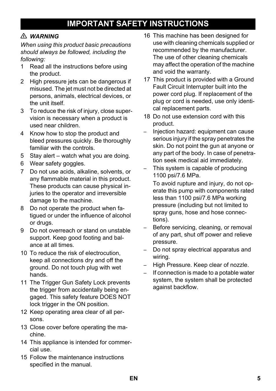 English, Important safety instructions | Karcher HDS 2-3-12 C Ed User Manual | Page 5 / 48