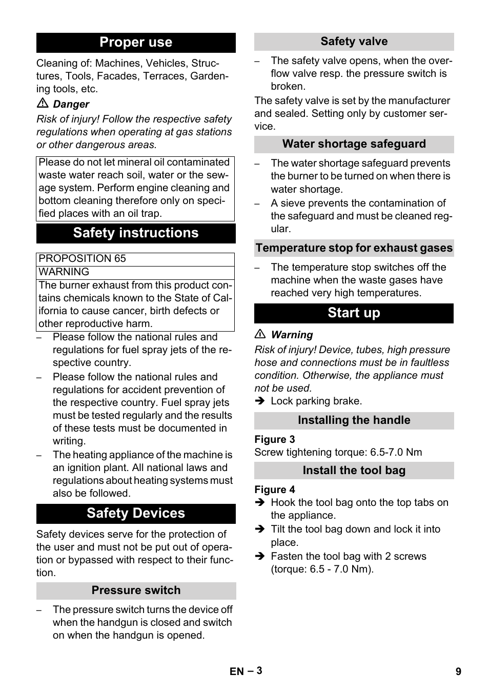 Proper use, Safety instructions, Safety devices | Start up | Karcher HDS 2-3-12 C Ed User Manual | Page 9 / 48