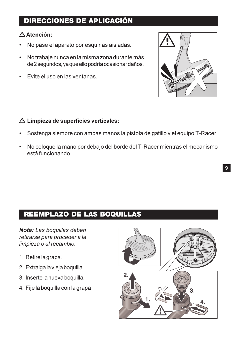 Direcciones de aplicación, Reemplazo de las boquillas | Karcher K 2-26 M T50 User Manual | Page 9 / 16
