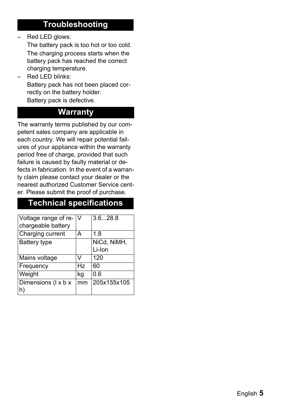 Troubleshooting warranty technical specifications | Karcher EB 30-1 User Manual | Page 5 / 11