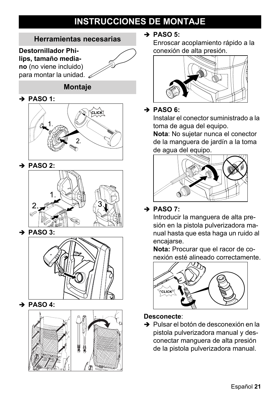 Instrucciones de montaje, Herramientas necesarias, Para montar la unidad | Montaje, Paso 1, Paso 2, Paso 3, Paso 4, Paso 5, Paso 6 | Karcher K 3-450 User Manual | Page 21 / 52