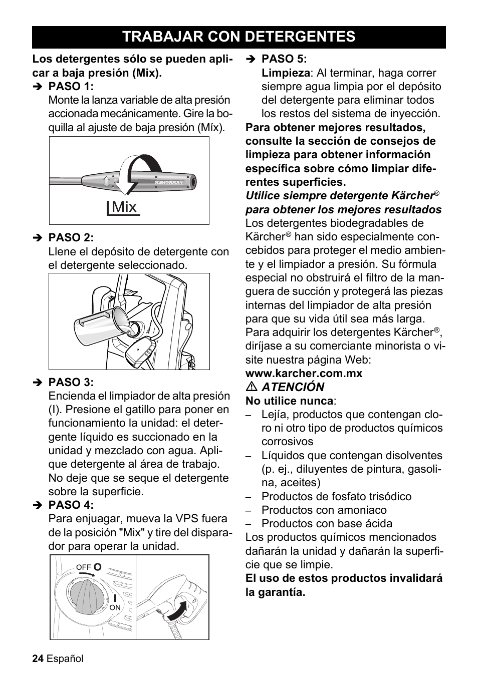 Trabajar con detergentes, Paso 1, Paso 2 | Paso 3, Paso 4, Paso 5, Www.karcher.com.mx, M atención, No utilice nunca, Productos de fosfato trisódico | Karcher K 3-450 User Manual | Page 24 / 52