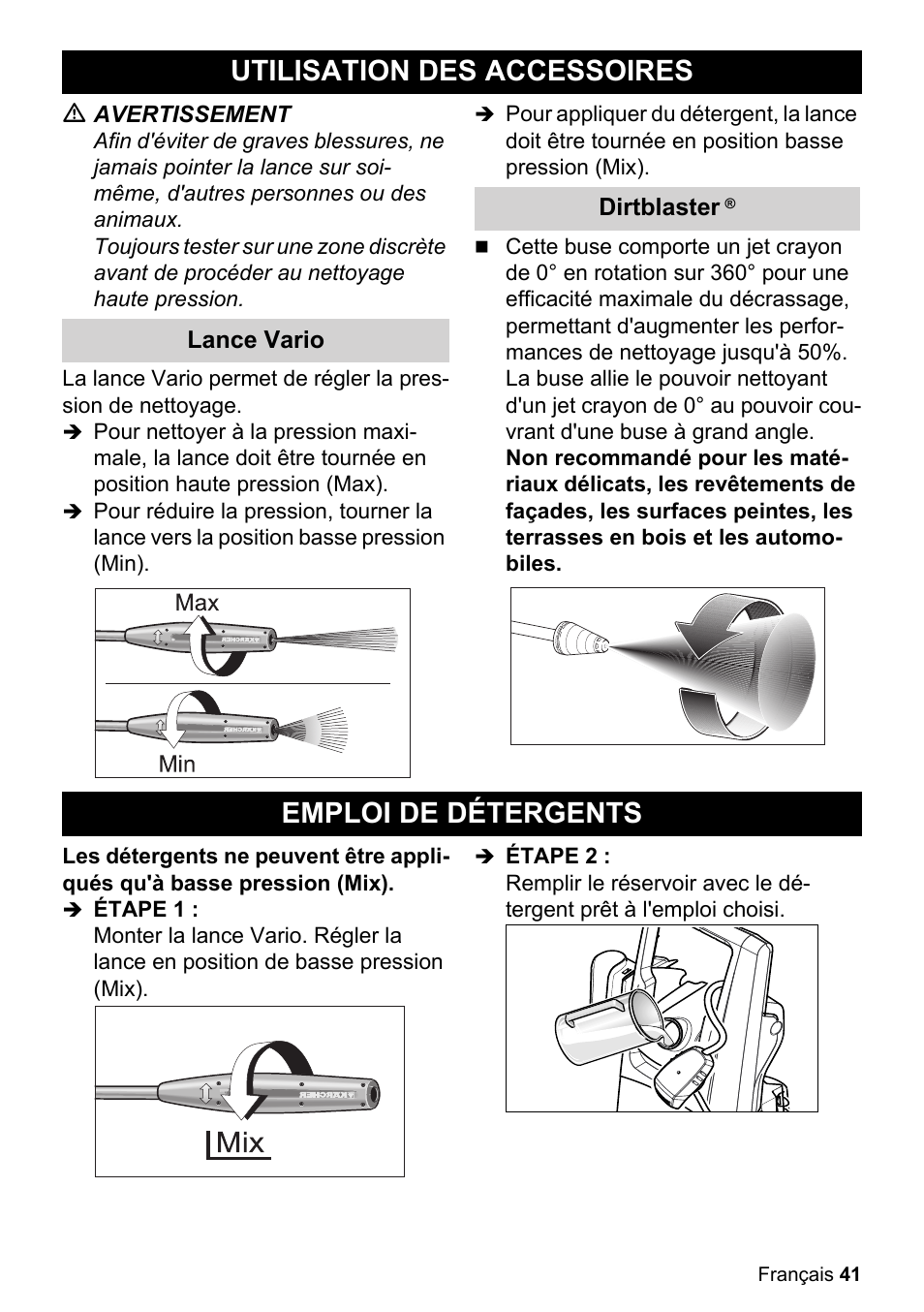 Utilisation des accessoires, Emploi de détergents | Karcher K 3-450 User Manual | Page 41 / 52