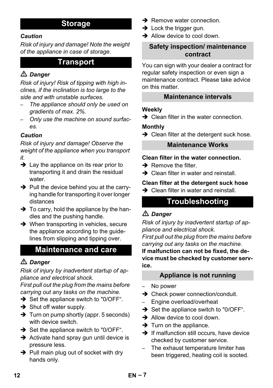 Storage transport maintenance and care, Troubleshooting | Karcher HDS 1-7-12 U Ed User Manual | Page 12 / 48