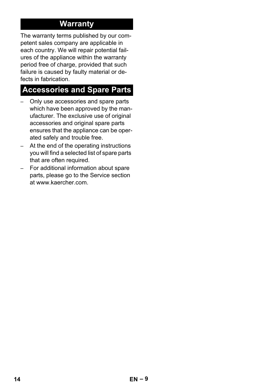 Warranty accessories and spare parts | Karcher HDS 1-7-12 U Ed User Manual | Page 14 / 48