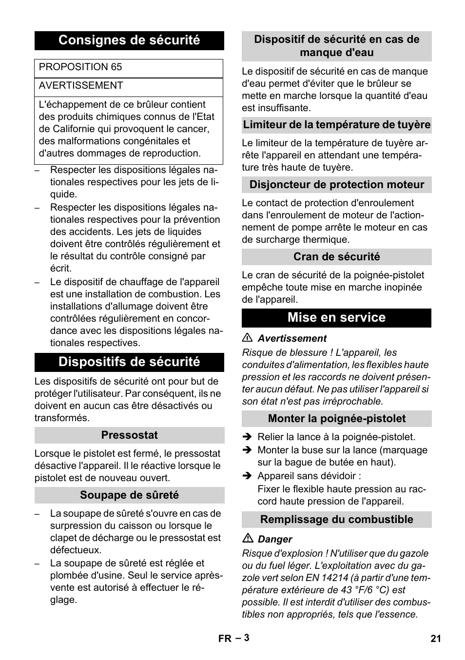 Consignes de sécurité, Dispositifs de sécurité, Mise en service | Karcher HDS 1-7-12 U Ed User Manual | Page 21 / 48