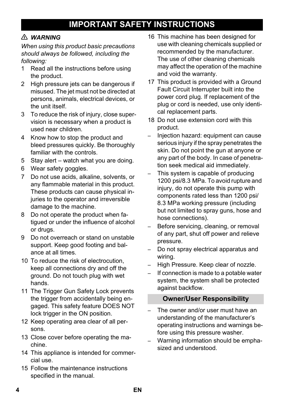 English, Important safety instructions | Karcher HDS 1-7-12 U Ed User Manual | Page 4 / 48