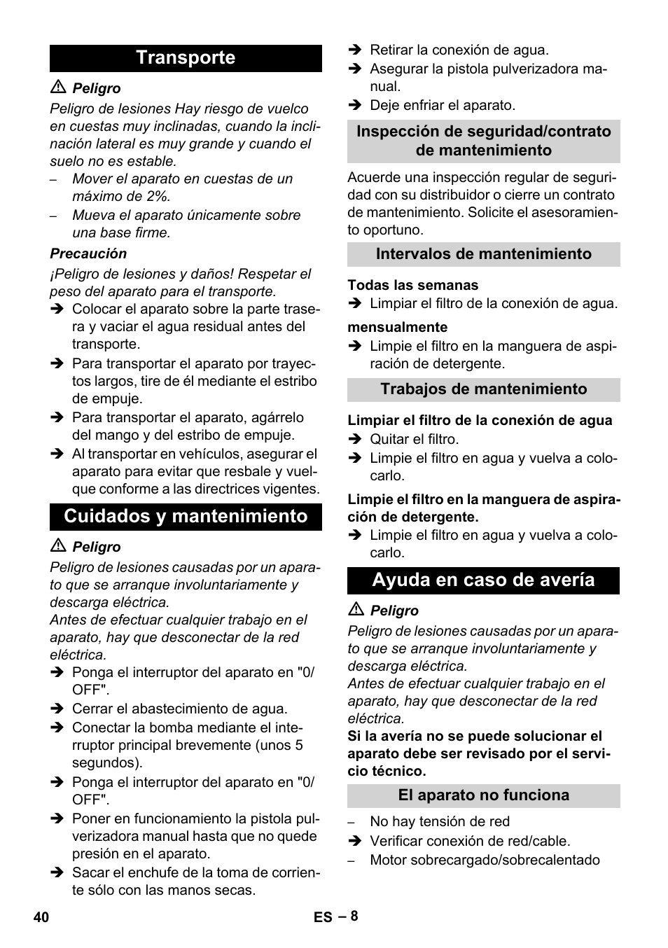Transporte cuidados y mantenimiento, Ayuda en caso de avería | Karcher HDS 1-7-12 U Ed User Manual | Page 40 / 48