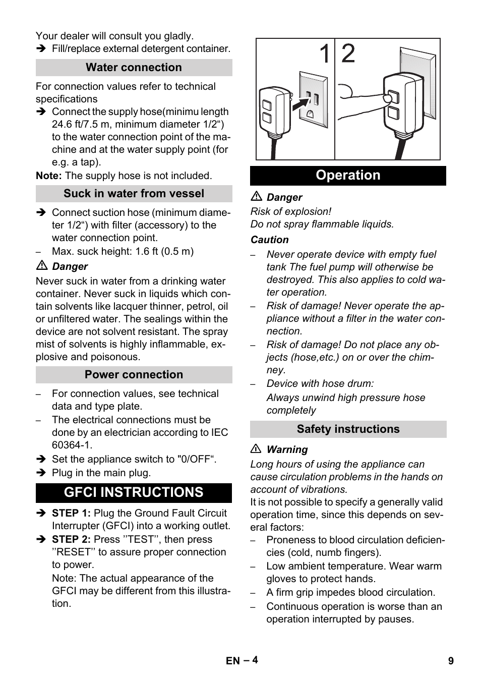 Gfci instructions operation | Karcher HDS 1-7-12 U Ed User Manual | Page 9 / 48