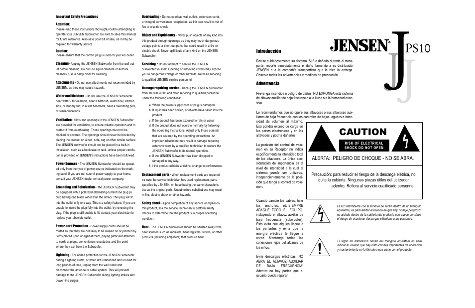 Ps10, Caution, Alerta: peligro de choque - no se abra | Introducción, Advertencia | Audiovox JPS 10 User Manual | Page 4 / 6