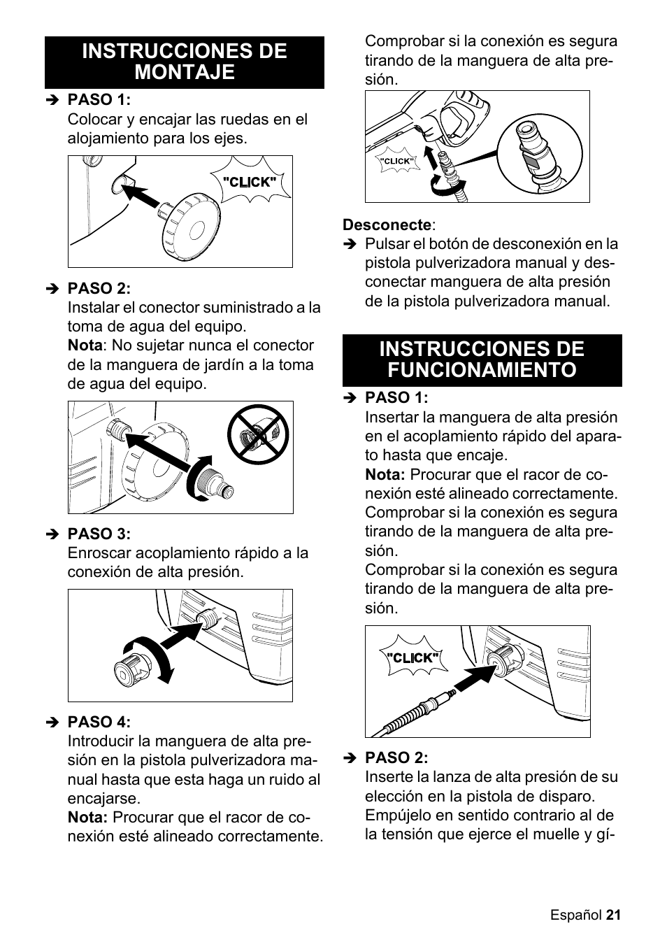 Instrucciones de montaje, Paso 1, Paso 2 | Paso 3, Paso 4, Desconecte, Instrucciones de funcionamiento | Karcher K 2-26 M T50 User Manual | Page 21 / 52