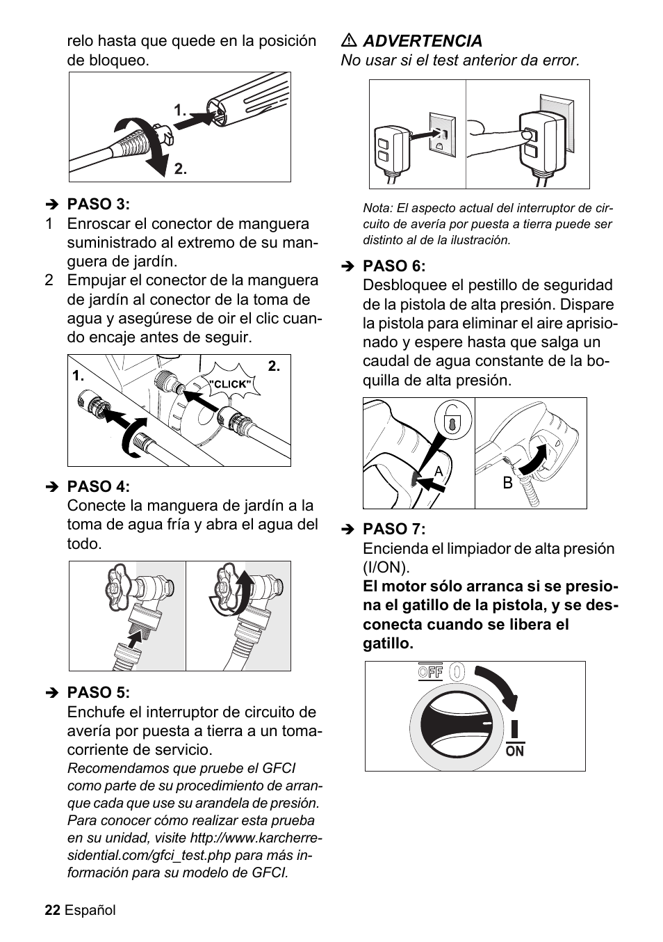 Paso 3, Paso 4, Paso 5 | M advertencia, No usar si el test anterior da error, Paso 6, Paso 7, Encienda el limpiador de alta presión (i/on) | Karcher K 2-26 M T50 User Manual | Page 22 / 52