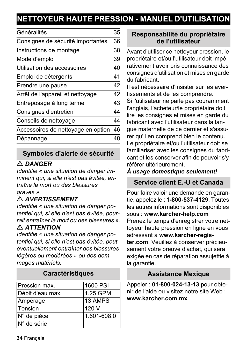 Nettoyeur haute pression - manuel d'utilisation, Généralités, Consignes de sécurité importantes | Instructions de montage, Mode d'emploi, Utilisation des accessoires, Emploi de détergents, Prendre une pause, Arrêt de l'appareil et nettoyage, Entreposage à long terme | Karcher K 2-26 M T50 User Manual | Page 34 / 52