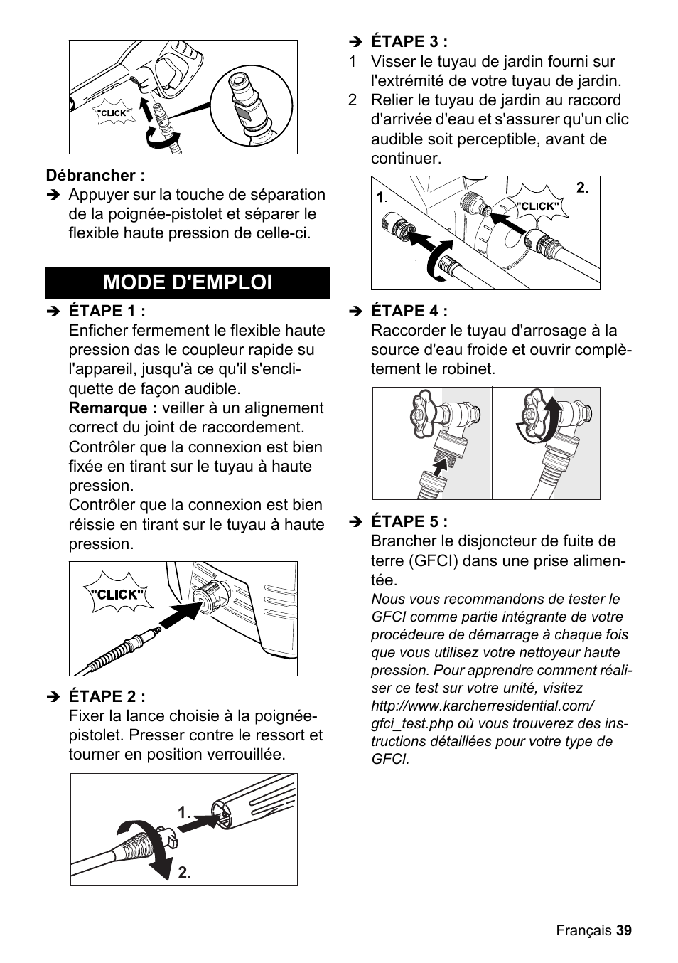 Débrancher, Mode d'emploi, Étape 1 | Étape 2, Étape 3, Étape 4, Étape 5 | Karcher K 2-26 M T50 User Manual | Page 39 / 52
